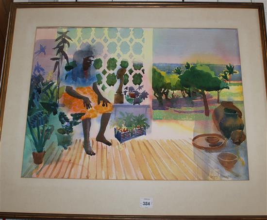 Gregory Alexander (1960-) Woman overlooking a tropical garden, 21.5 x 29in(-)